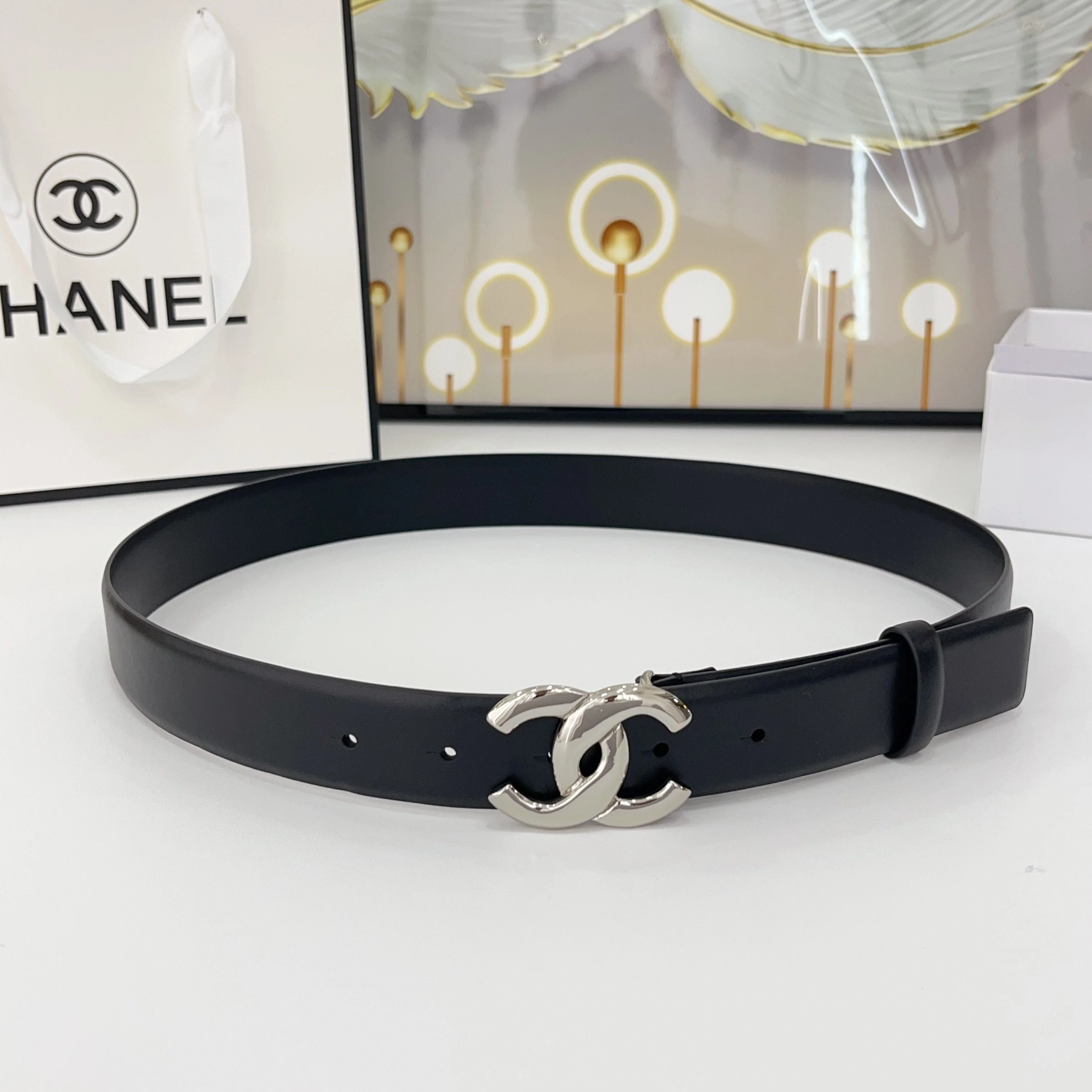 DOUBLE C BELT 30MM IN BLACK CALFSKIN WITH SHINY SILVER BUCKLE
