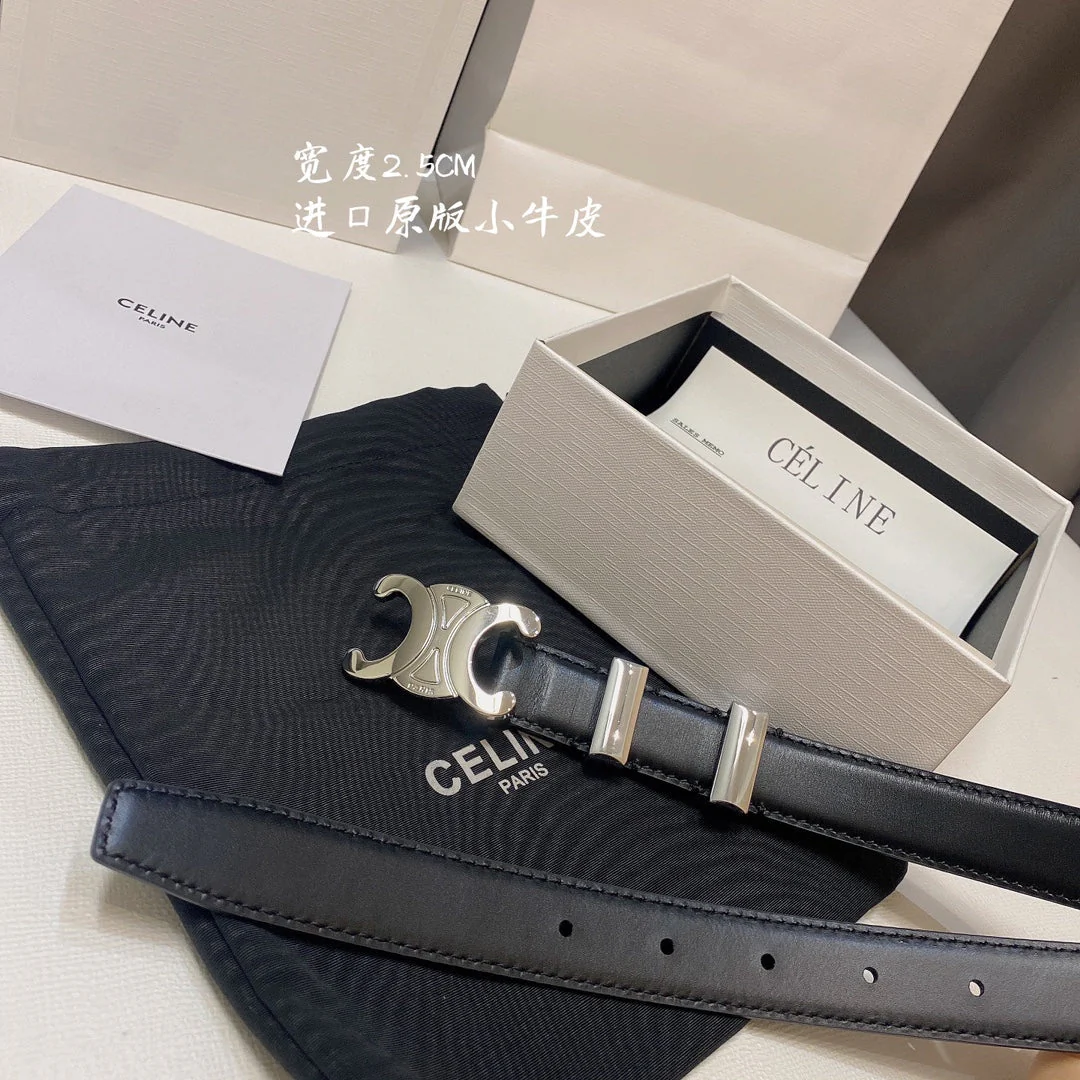 CL MEDIUM 25MM TRIOMPHE BELT IN BLACK CALFSKIN SILVER HARDWARE
