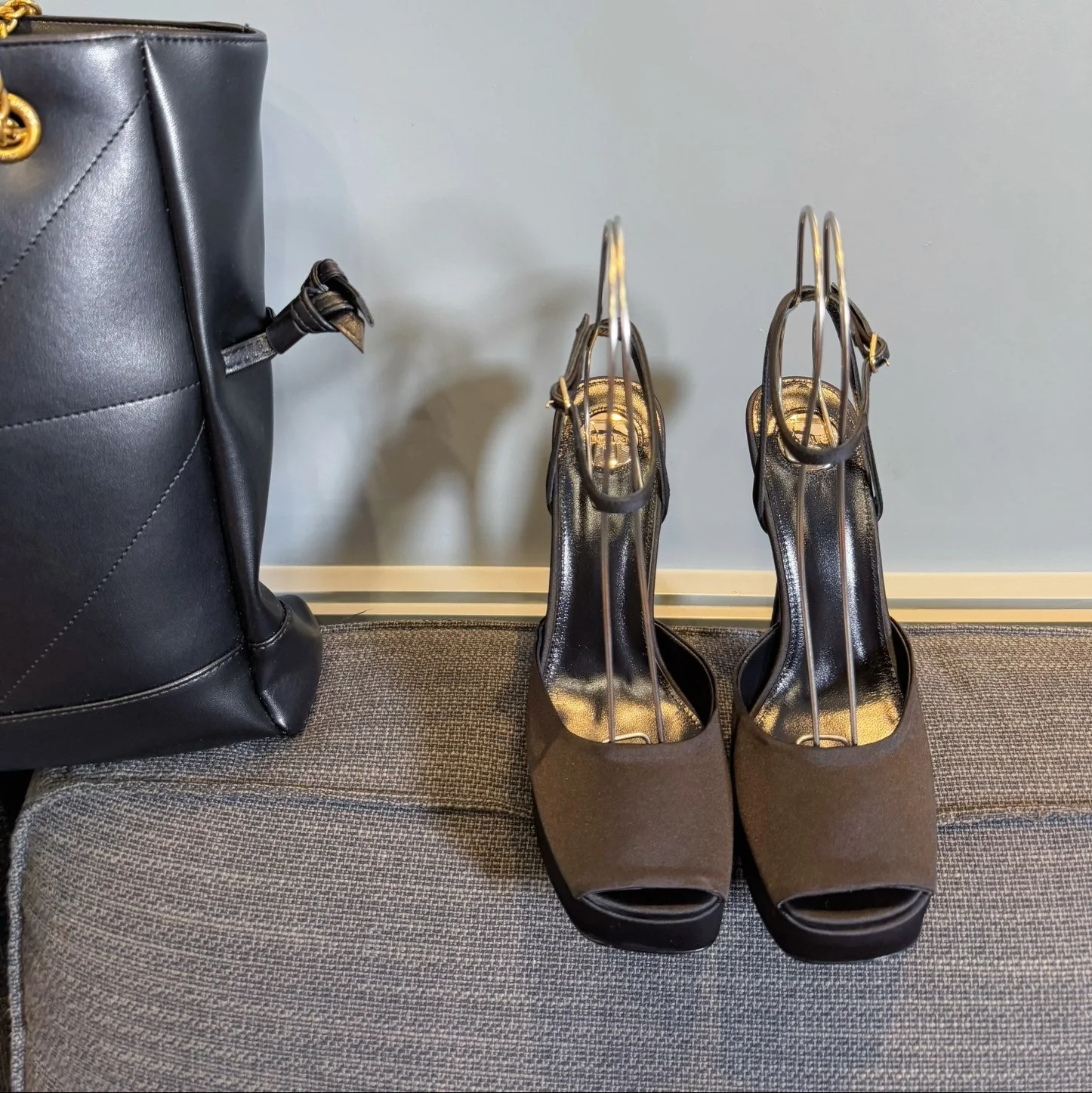 LA SCANDALE PLATFORM SANDALS IN TAUPE BROWN SATIN