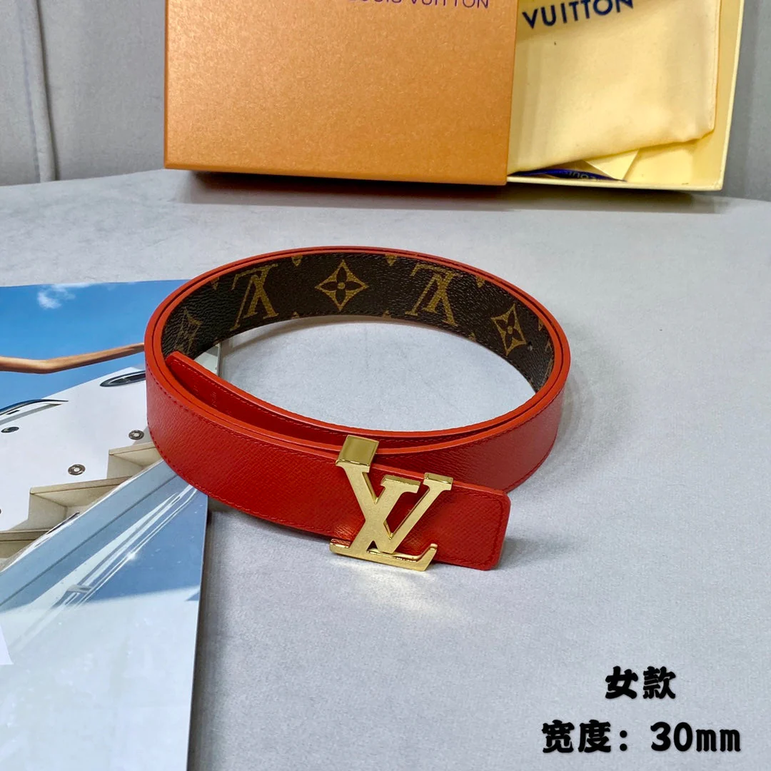 LV INITIALES 30 MM REVERSIBLE BELT IN BROWN MONOGRAM AND CHERRY RED CALFSKIN GOLD HARDWARE