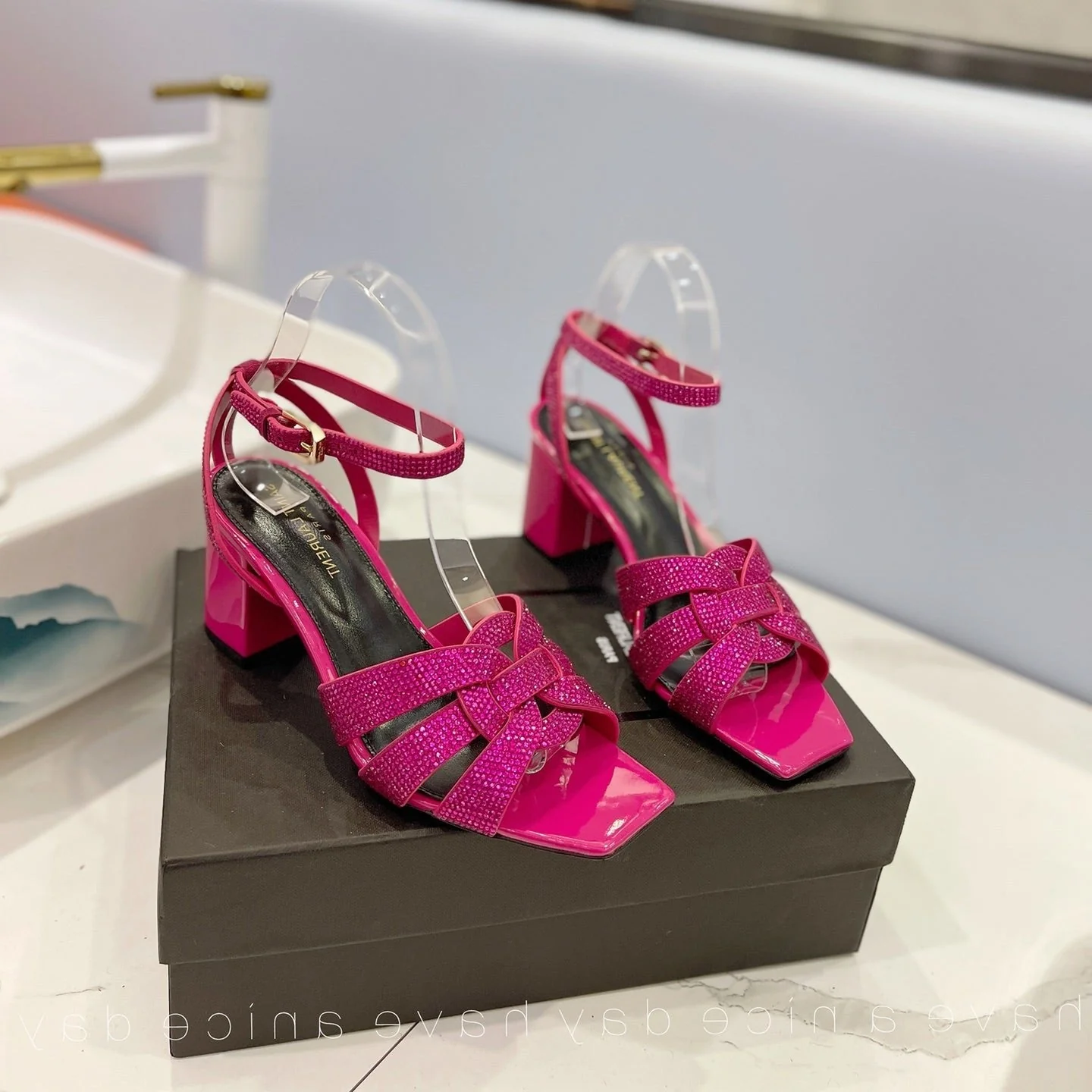 SL TRIBUTE CRYSTAL SANDALS DEEP PINK CALFSKIN