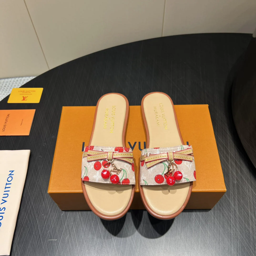 LV SLIDE SANDALS 25S IN BEIGE DENIM AND CALFSKIN WITH CHERRY BLOSSOM BUCKLE