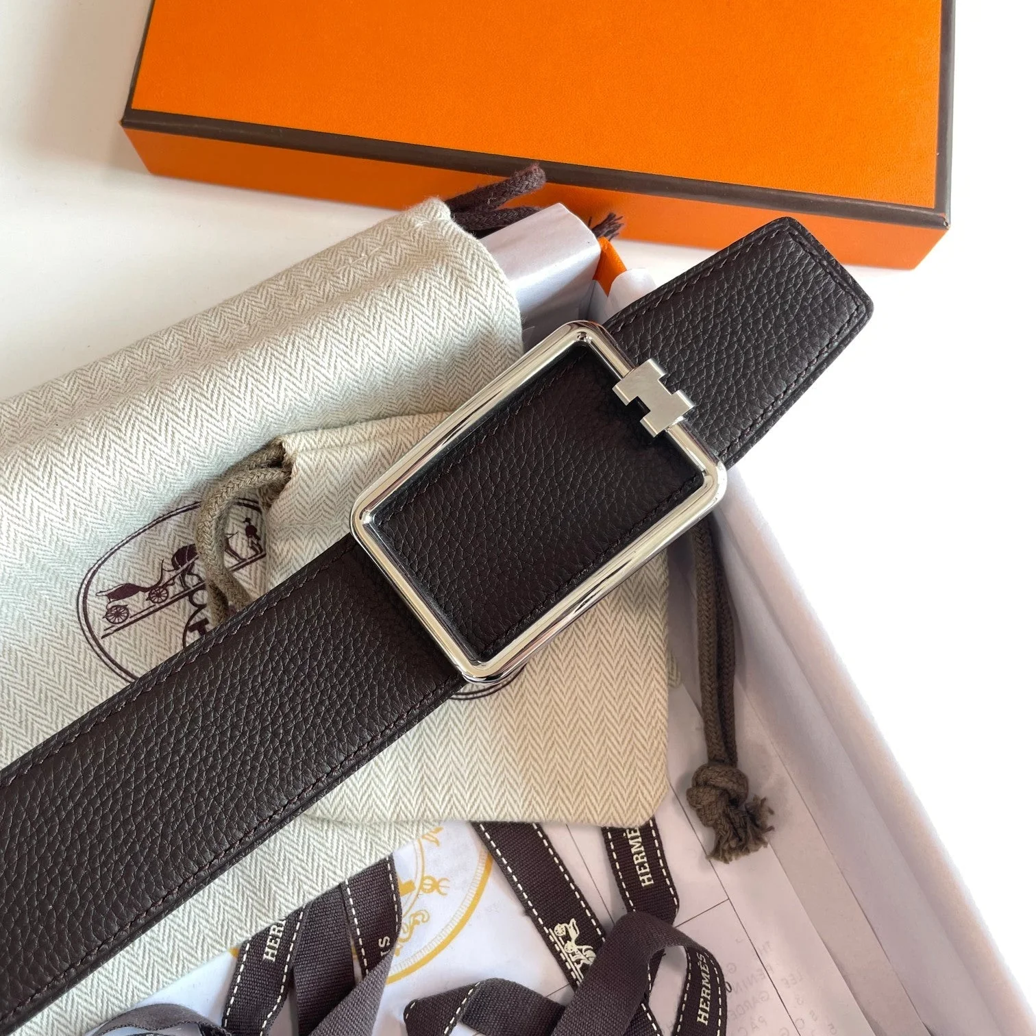 TUBE H BELT SILVER BUCKLE & REVERSIBLE DARK BROWN LEATHER STRAP 38MM