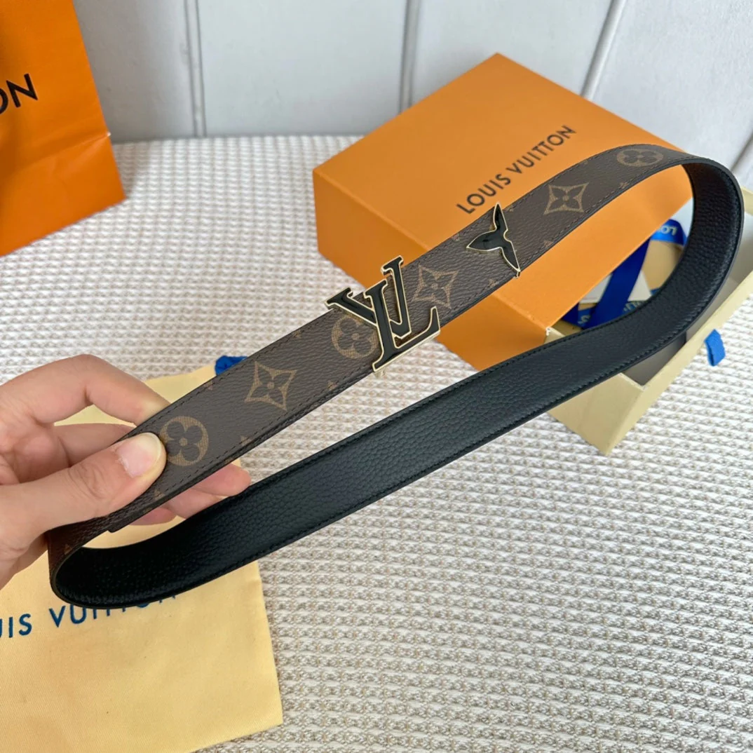 Pretty LV 30mm Reversible Belt Black Gold Buckle Black Brown Leather