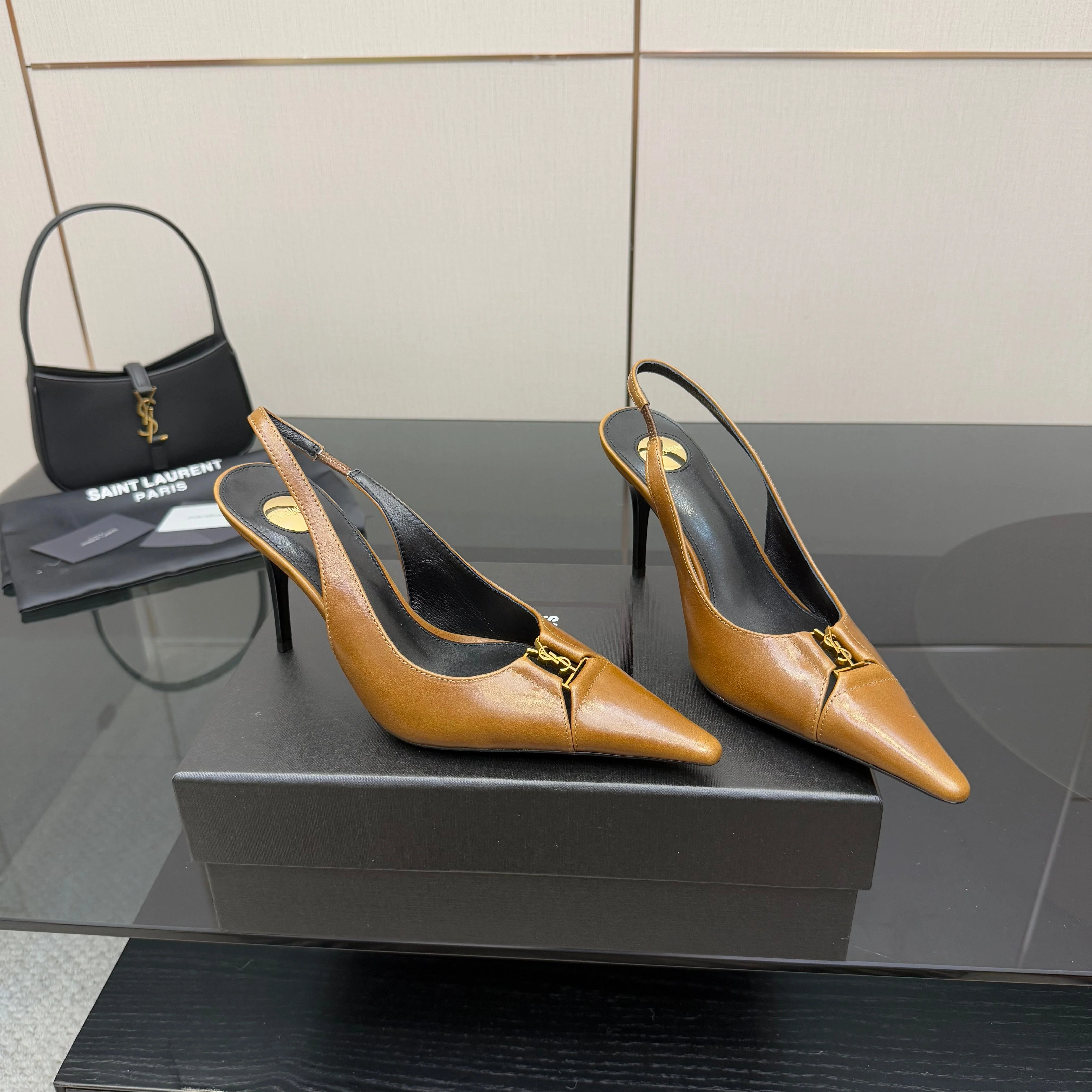 YSL 25S SLINGBACK HIGH HEELS 90 MM IN COPPER BROWN LAMBSKIN WITH GOLD HARDWARE STYLE 11