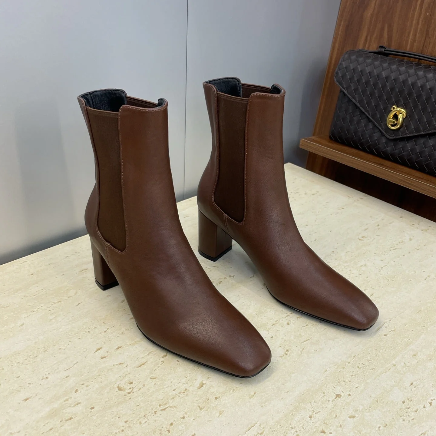 YSL 25S HEELED ANKLE BOOTS 70 MM IN DARK BROWN SMOOTH LAMBSKIN