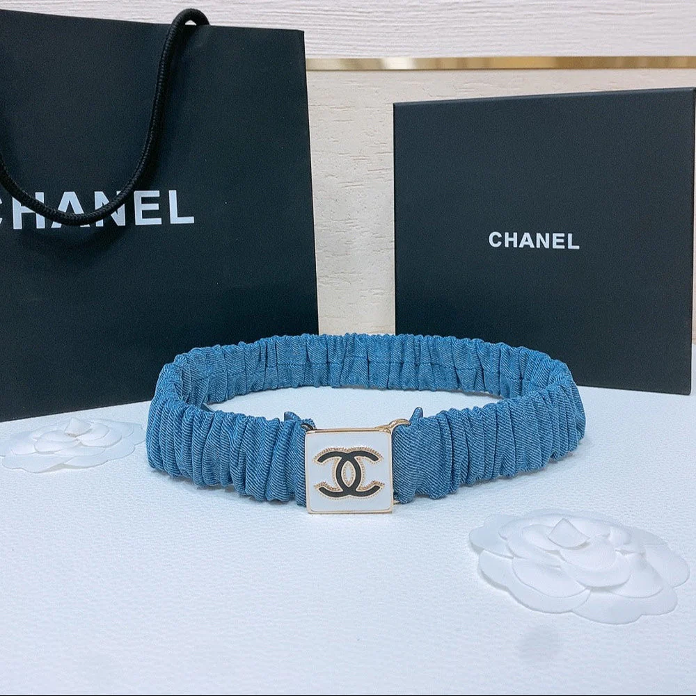 ELASTIC BELT 30MM IN BLUE DENIM WITH SQUARE BUCKLE EMBOSSED LOGO
