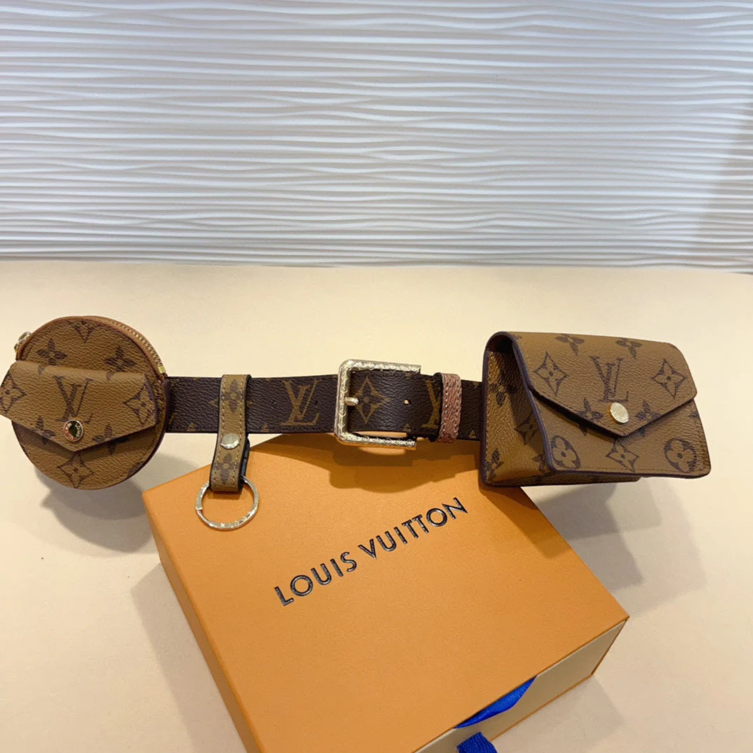 LV MULTI POCKET 30MM BELT IN CAMEL BROWN MONOGRAM CALFSKIN SILVER HARDWARE