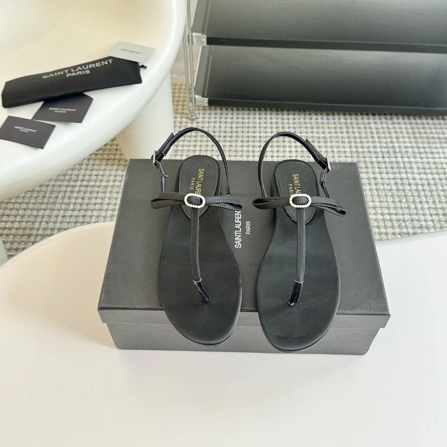 SL Silk Bow T-Strap Flat Sandals Black Leather