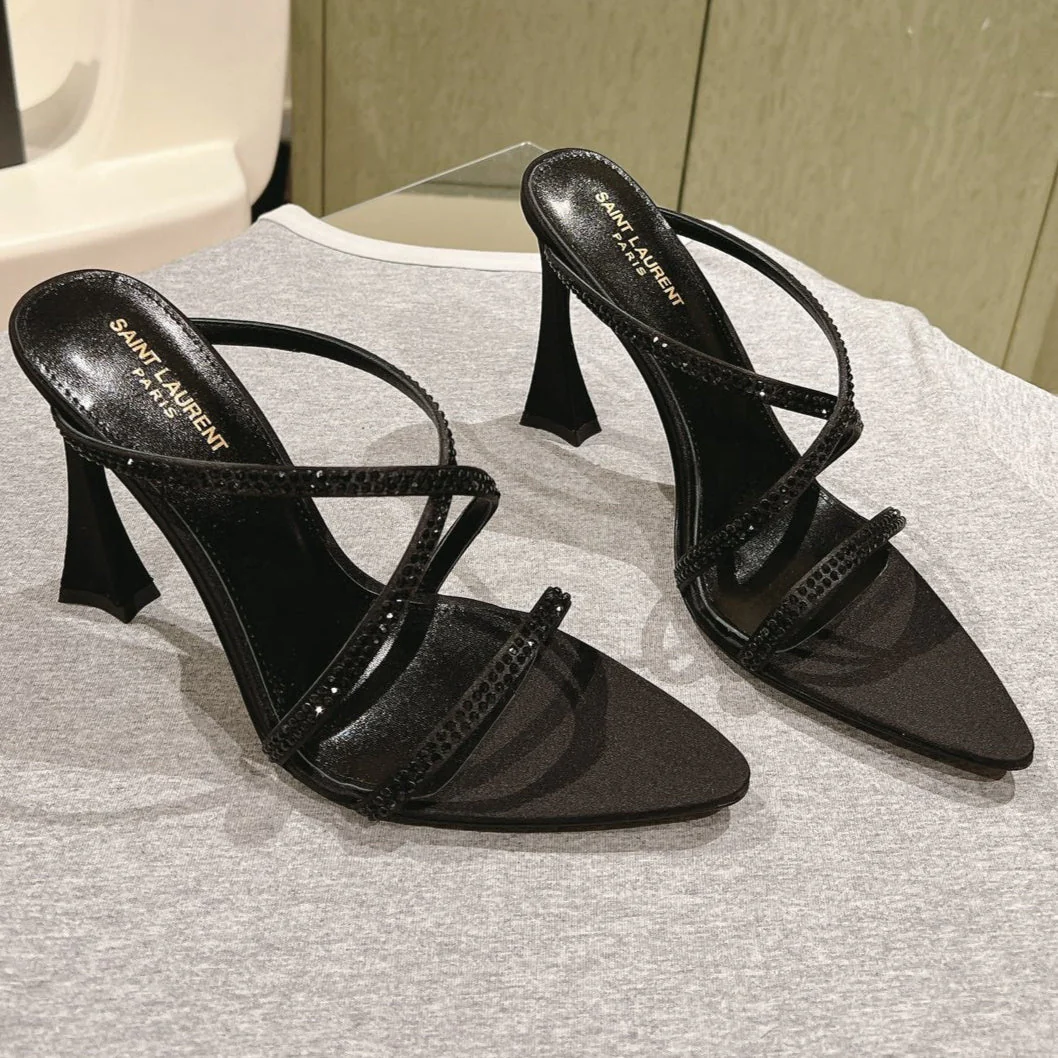 HIGH HEEL MULE 10 CM IN BLACK SATIN WITH RHINESTONES