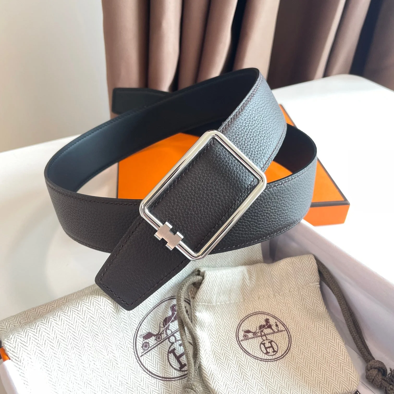 TUBE H BELT SILVER BUCKLE & REVERSIBLE DARK BROWN LEATHER STRAP 38MM