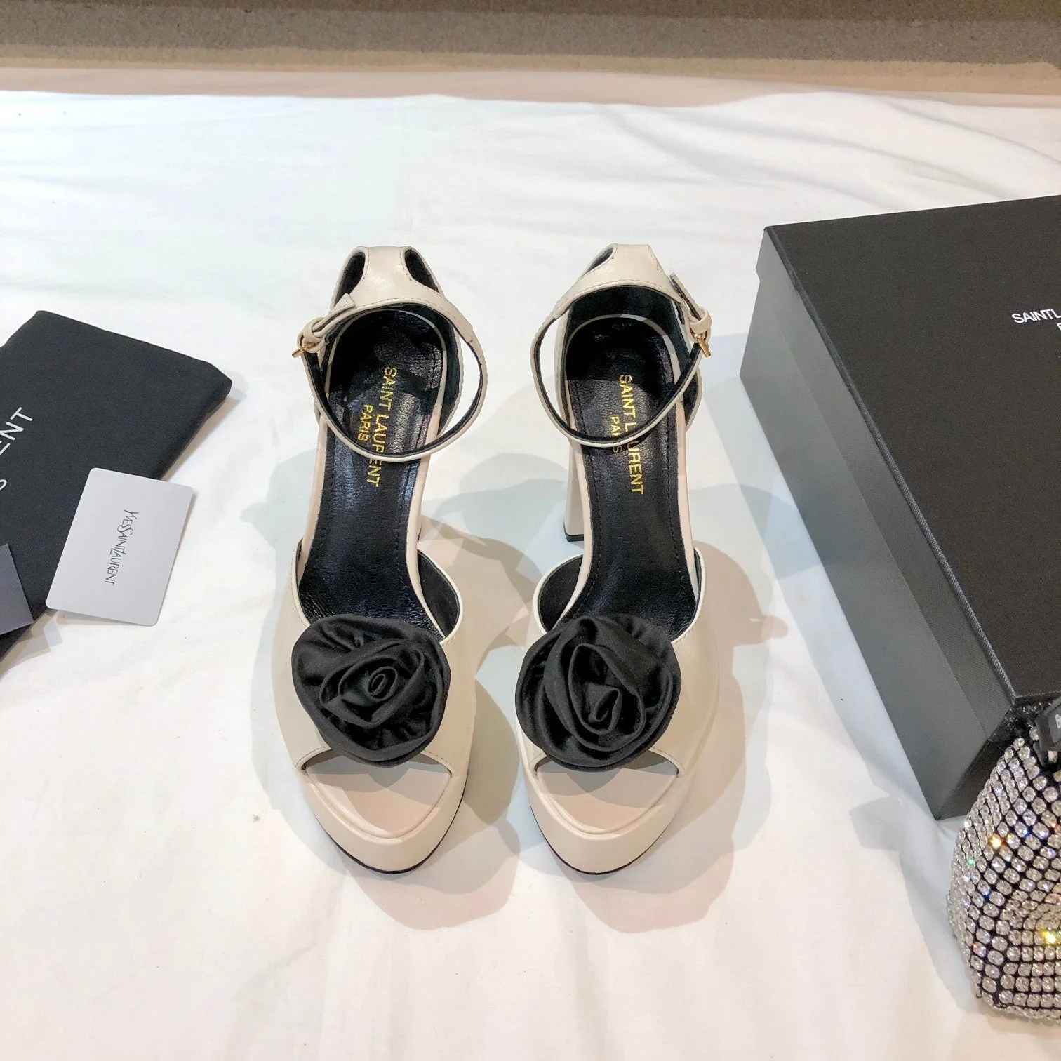 SL IVY FLORAL 135 PLATFORM SANDAL CREAM CALFSKIN