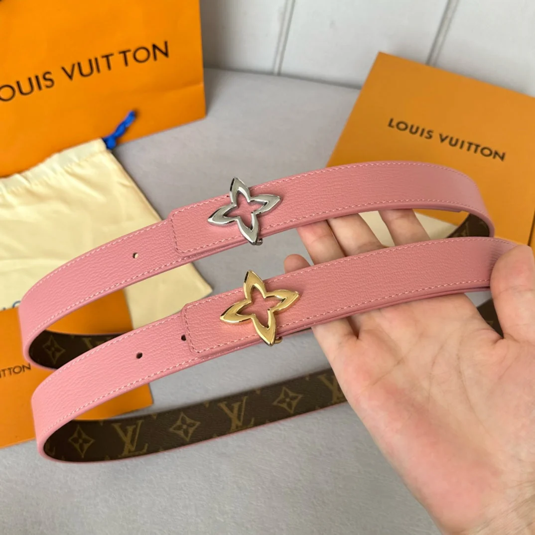 LV Flowergram 30mm Reversible Belt Silver Buckle Pink Brown Leather
