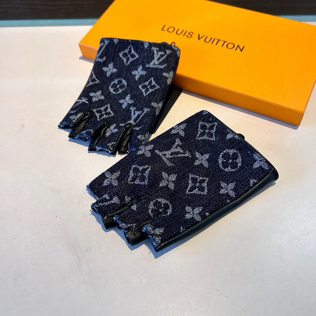 FINGERLESS GLOVES IN BLACK MONOGRAM DENIM AND LAMBSKIN 460108