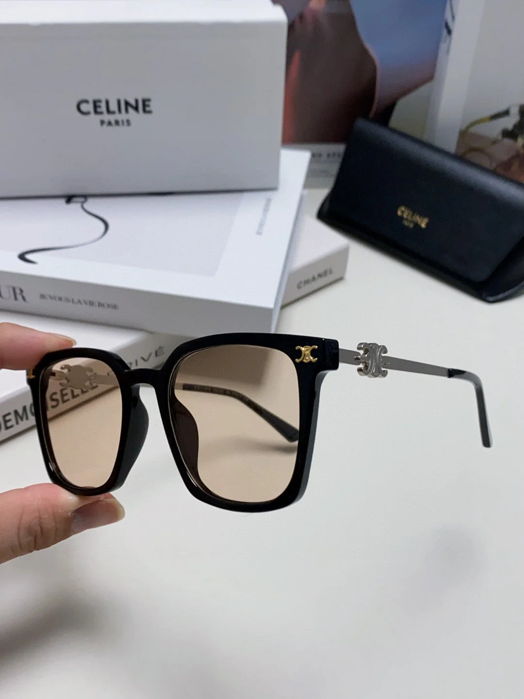 TRIOMPHE SUNGLASS 497818 IN SILVER METAL LIGHT BROWN LENSES