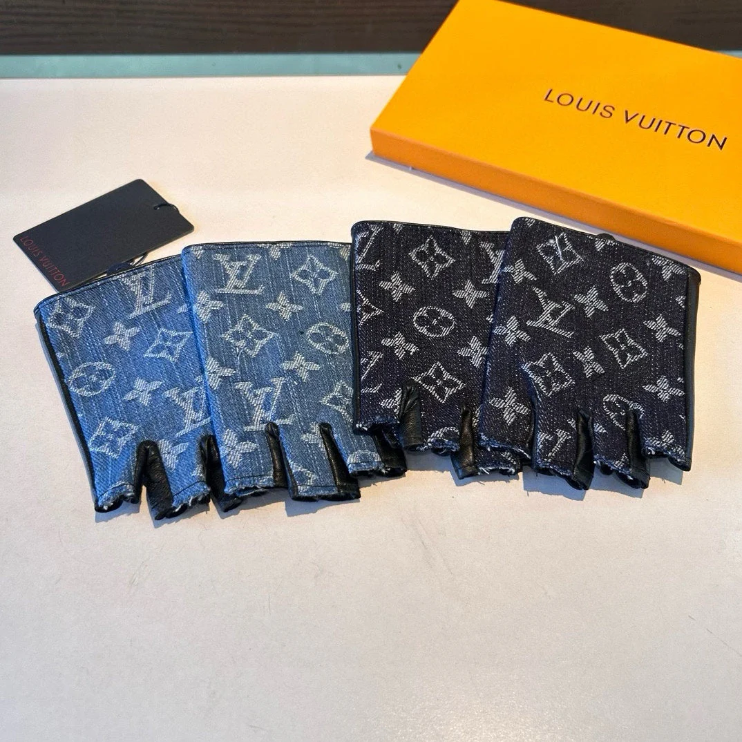 FINGERLESS GLOVES IN ELECTRIC BLUE MONOGRAM DENIM AND BLACK LAMBSKIN 460107