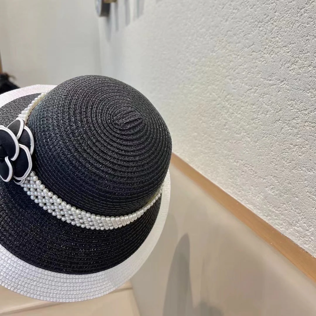 STRAW BUCKET HAT BLACK WITH PEARLS 672762