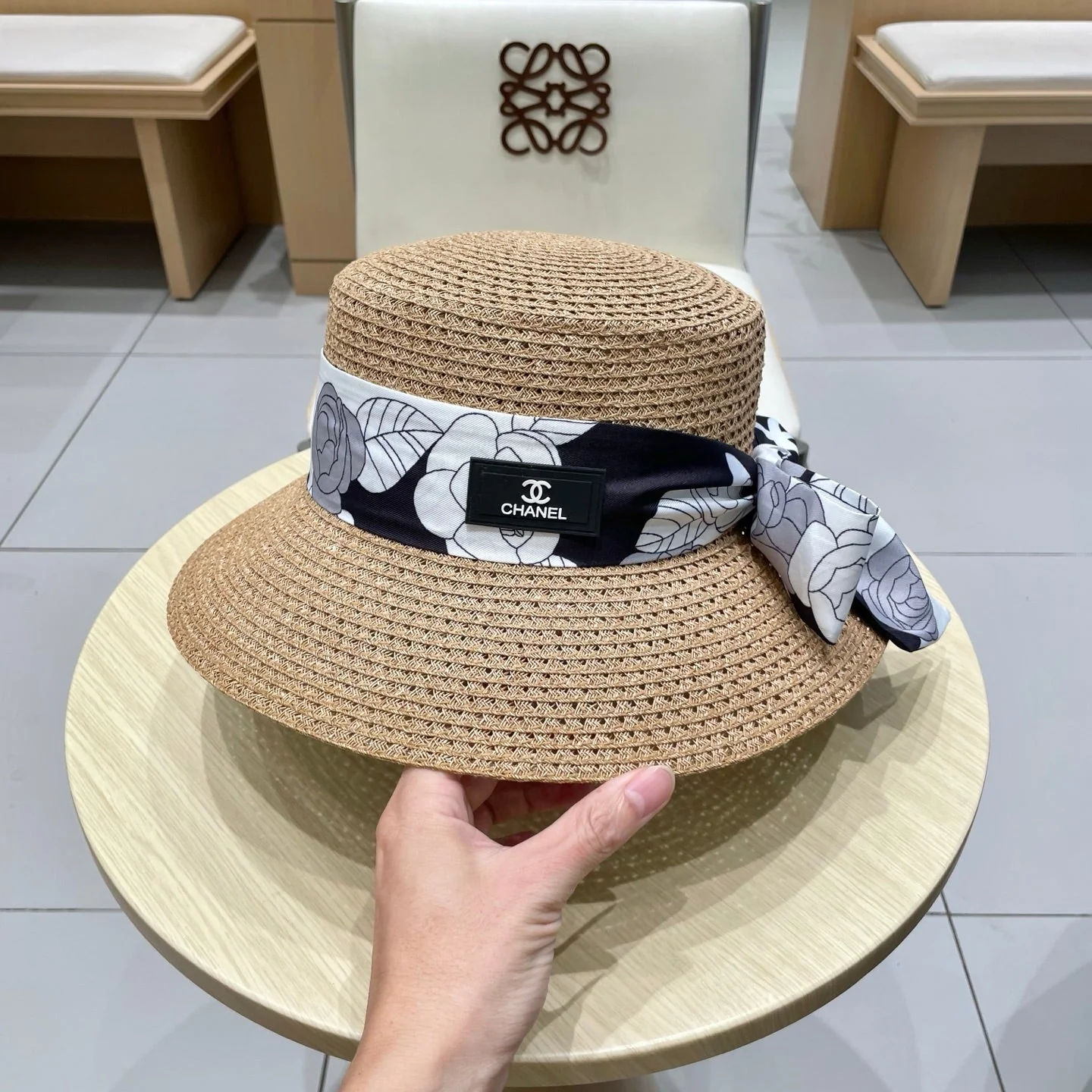 NATURAL STRAW BUCKET HAT WITH RIBBON 672773