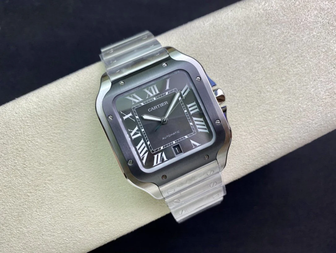 SANTOS DE CARTIE LARGE STEEL CASE BLACK BEZEL WHITE DIAL