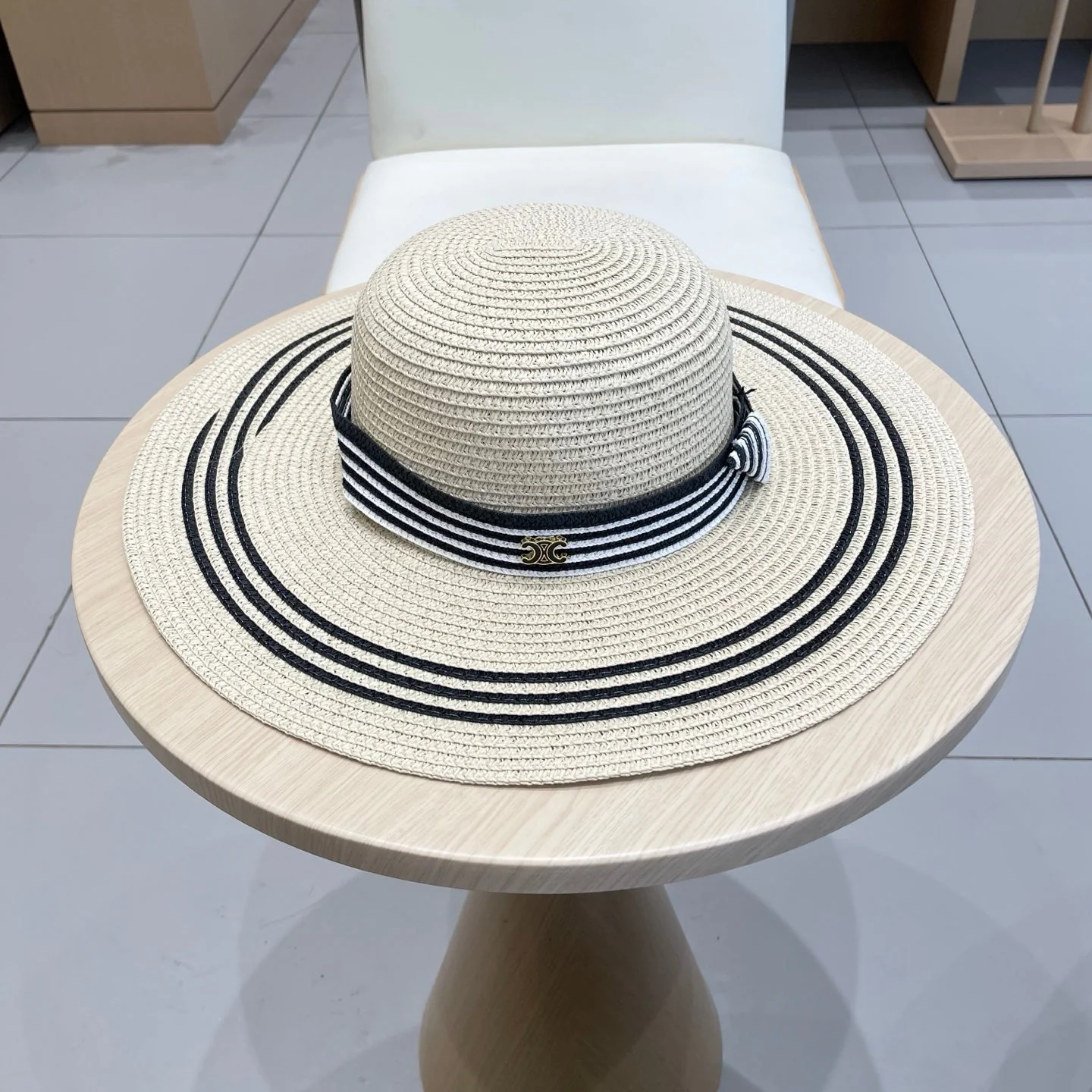 WIDE BRIM HAT MODEL 650408 IN CREAM WHITE BLACK STRIPES WOVEN STRAW