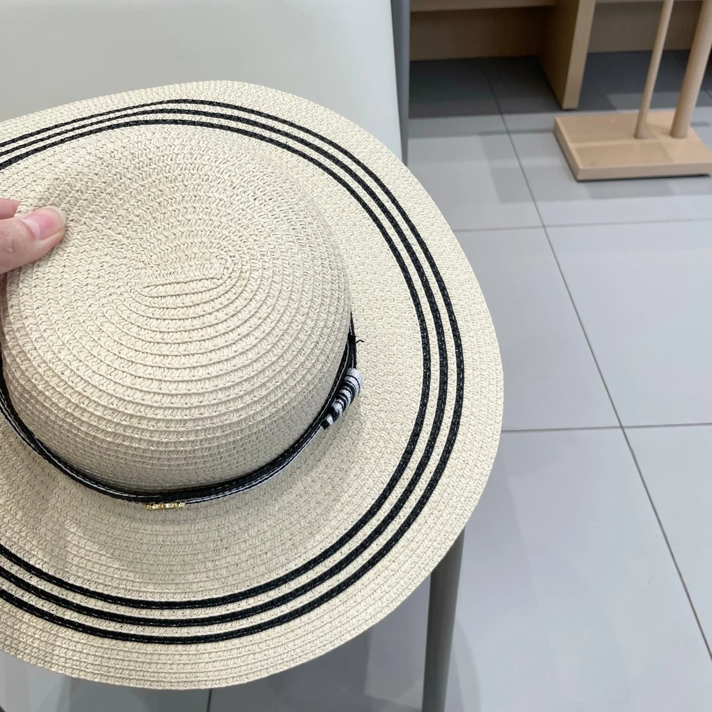 WIDE BRIM HAT MODEL 650408 IN CREAM WHITE BLACK STRIPES WOVEN STRAW