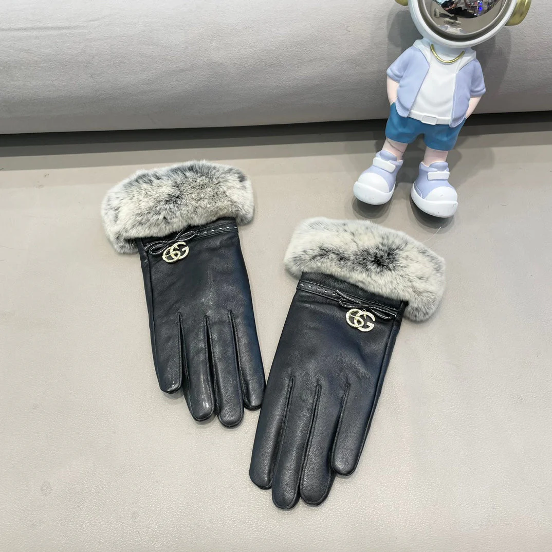 FUR-TRIMMED LAMBSKIN GLOVES BLACK WITH BOW 456265