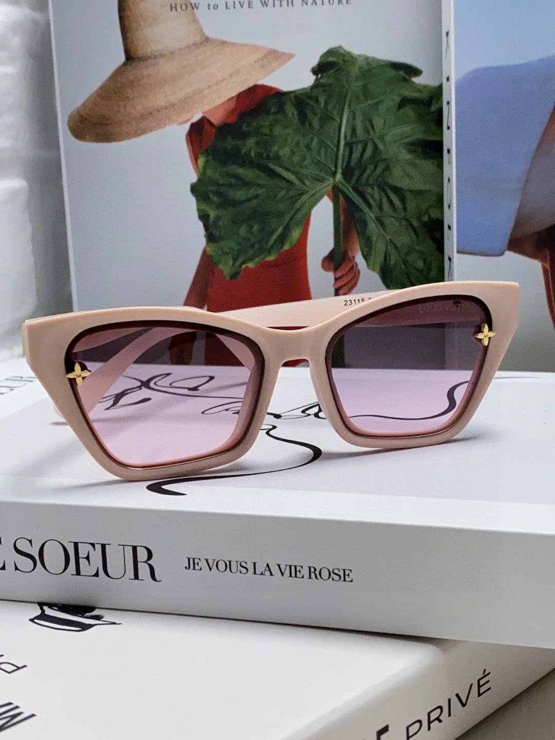 SQUARE SUNGLASSES 581358 IN NUDE PINK ACETATE EMBOSSED MONOGRAM LOGO