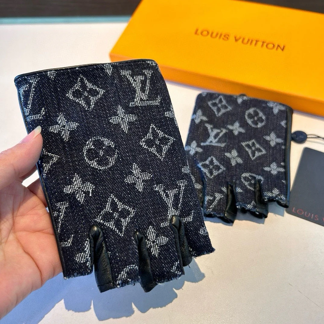 FINGERLESS GLOVES IN BLACK MONOGRAM DENIM AND LAMBSKIN 460108