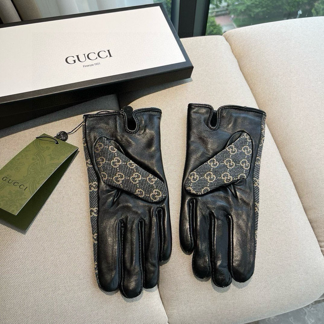 HORSEBIT GLOVES IN STONE BLUE MONOGRAM JACQUARD FABRIC MIX BLACK SHEEPSKIN 456333