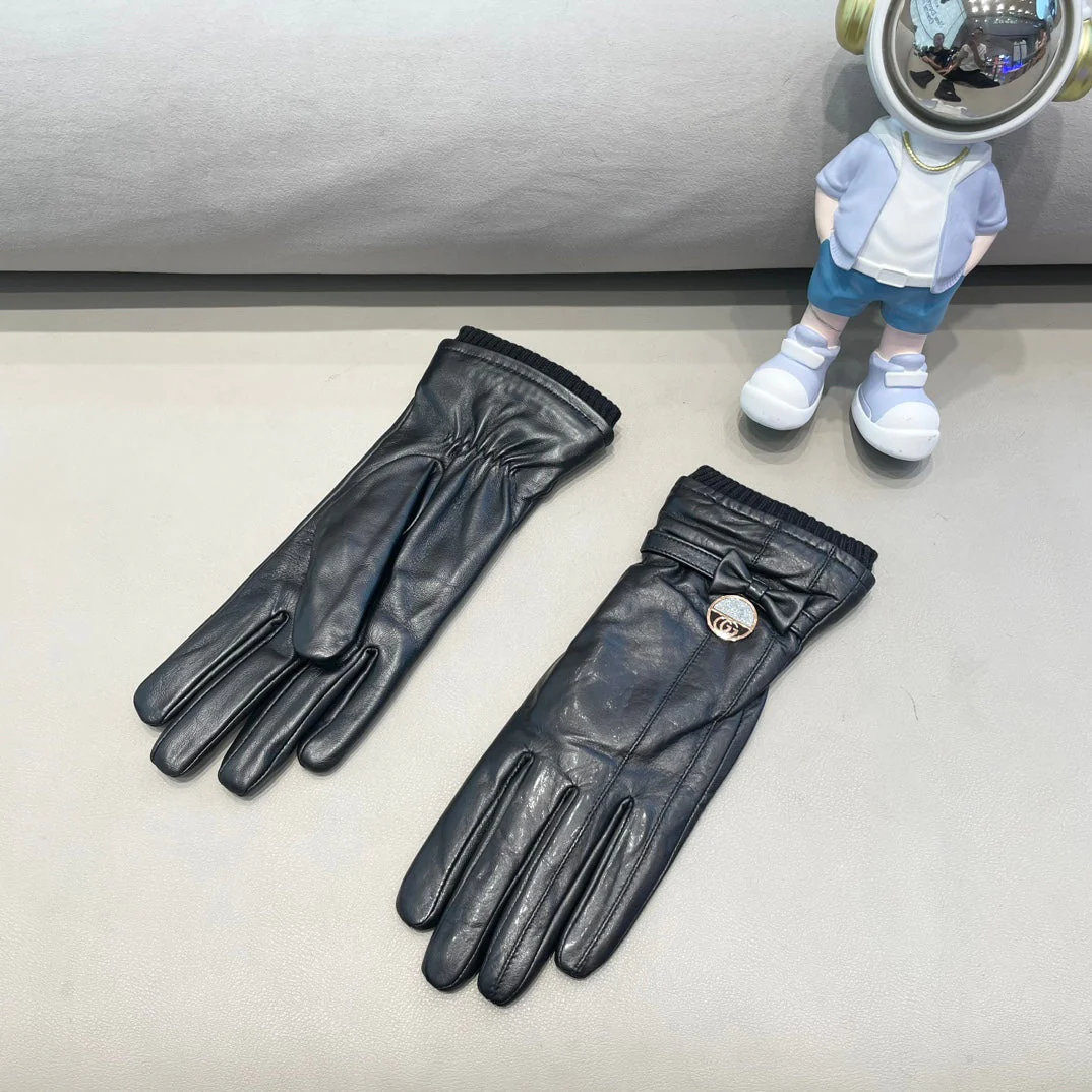 GLOVES ATTACHED BOW IN BLACK LAMBSKIN AND WOOL 429202