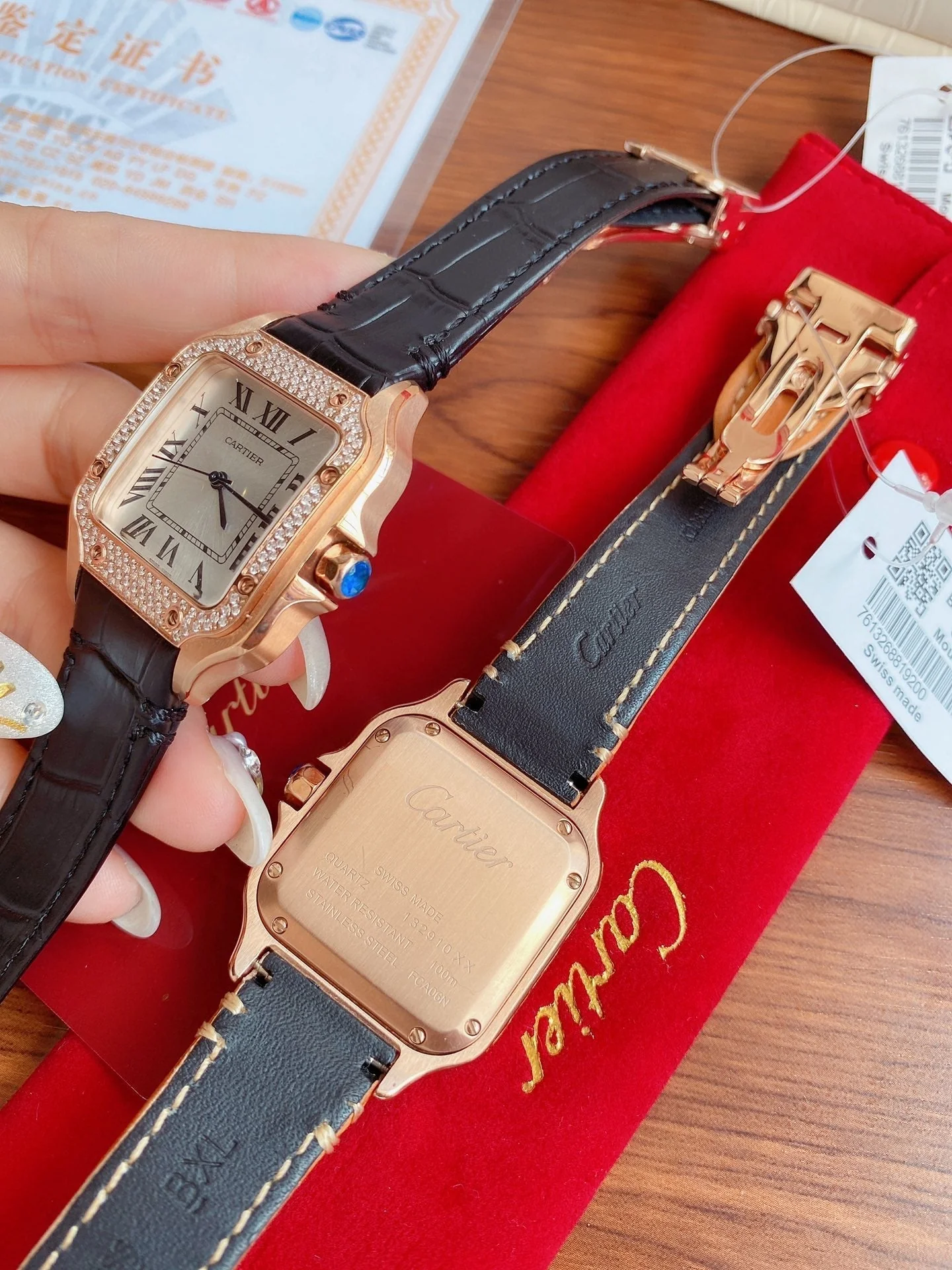 SANTOS LADY 35MM QUARTZ ROSE GOLD CASE DIAMOND BEZEL LEATHER