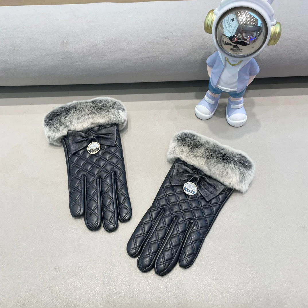 TOUCHSCREEN GLOVES WITH BOW IN BLACK RABBIT FUR MIX LAMBSKIN 463796