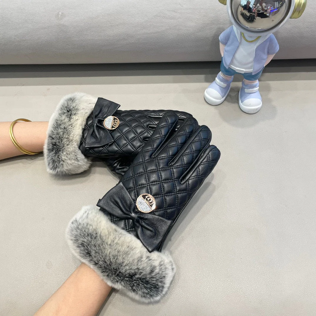 TOUCHSCREEN GLOVES WITH BOW IN BLACK RABBIT FUR MIX LAMBSKIN 463796