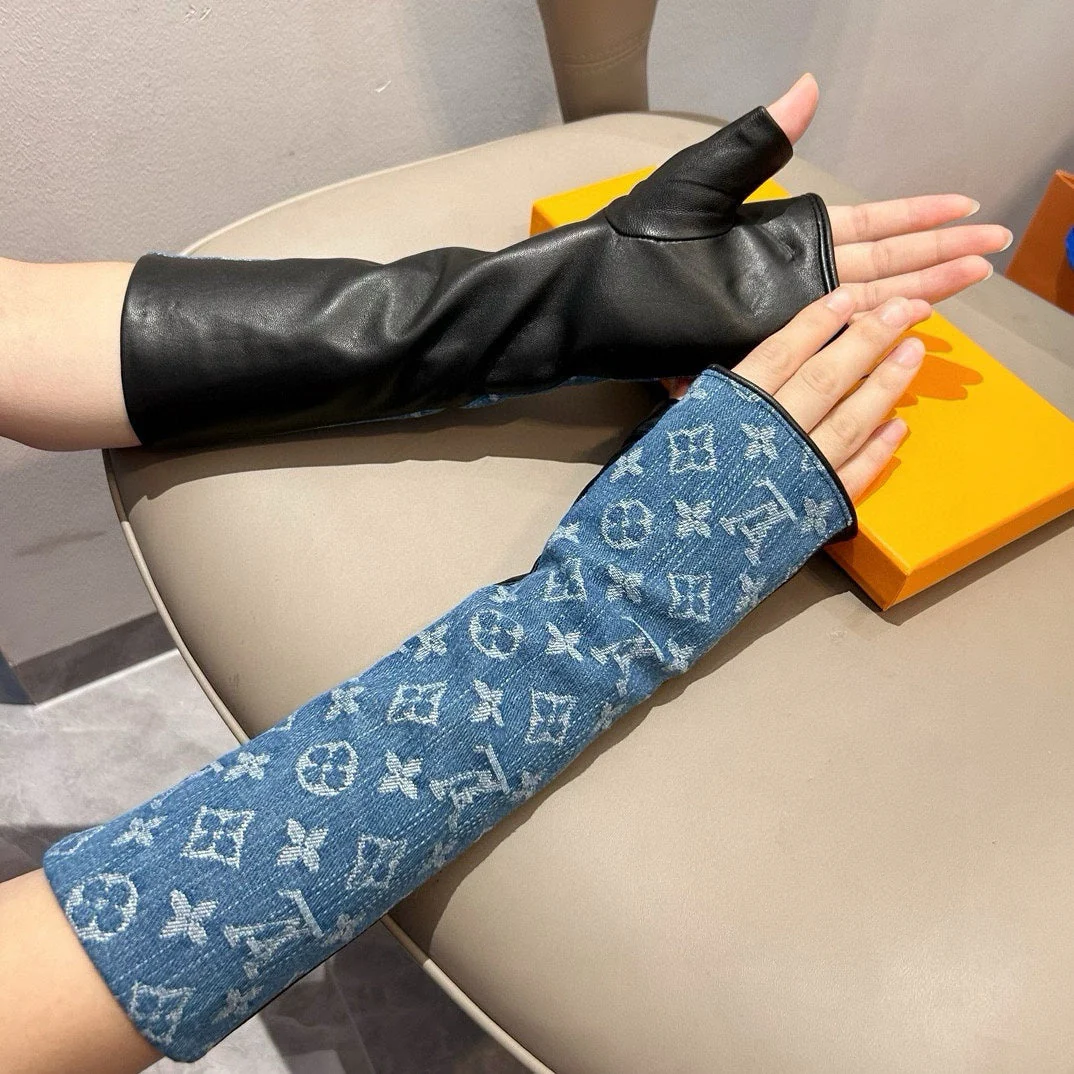 FINGERLESS LONG GLOVES IN AZURE BLUE MONOGRAM DENIM AND BLACK LAMBSKIN