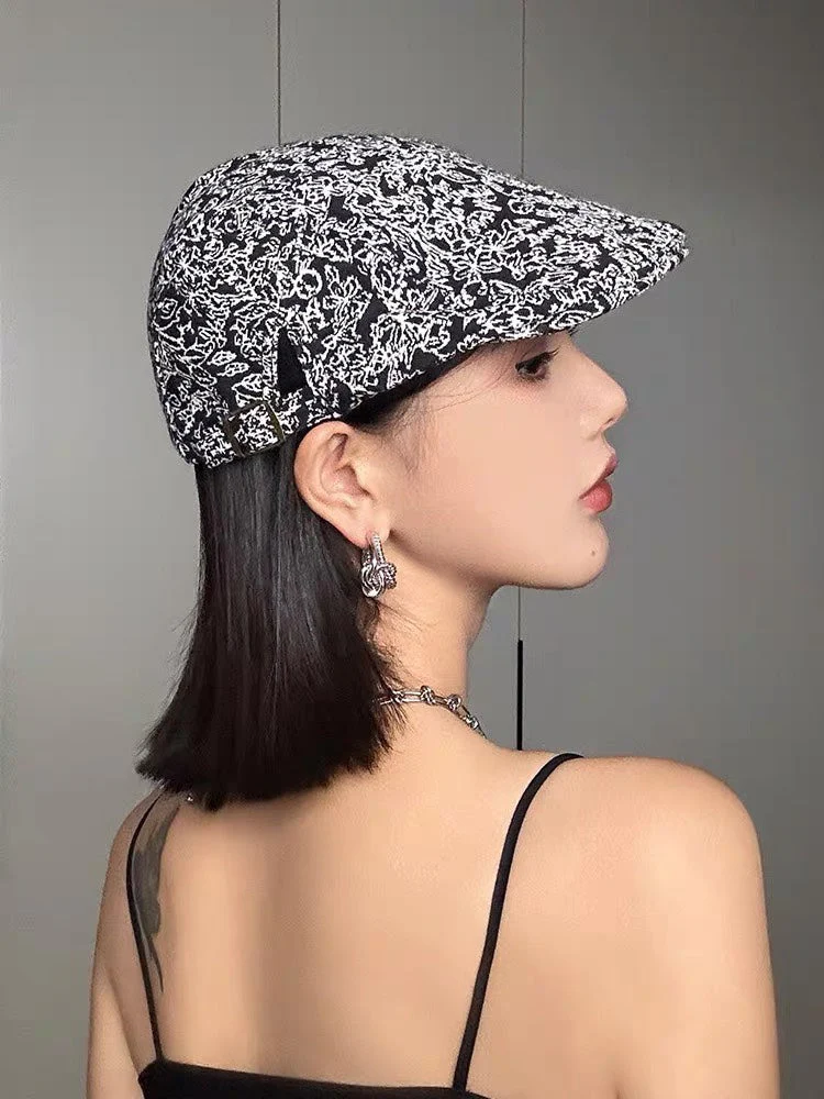 BAKER BOY CAP IN BLACK MIX WHITE FABRIC 431519