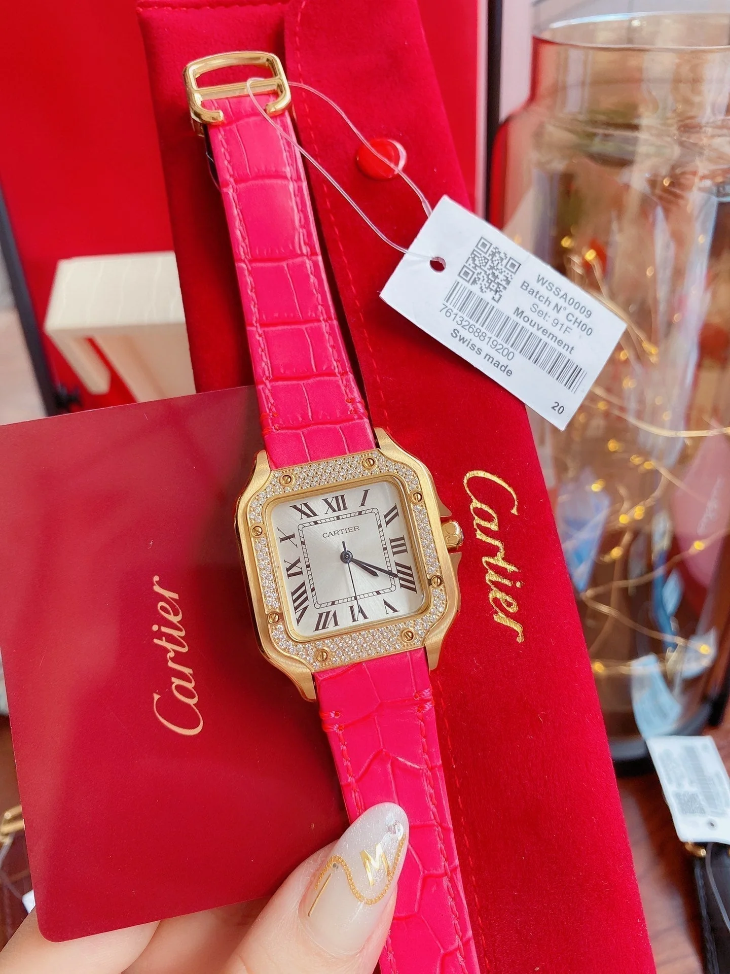 SANTOS LADY 35MM QUARTZ 35MM GOLD CASE DIAMOND BEZEL LEATHER