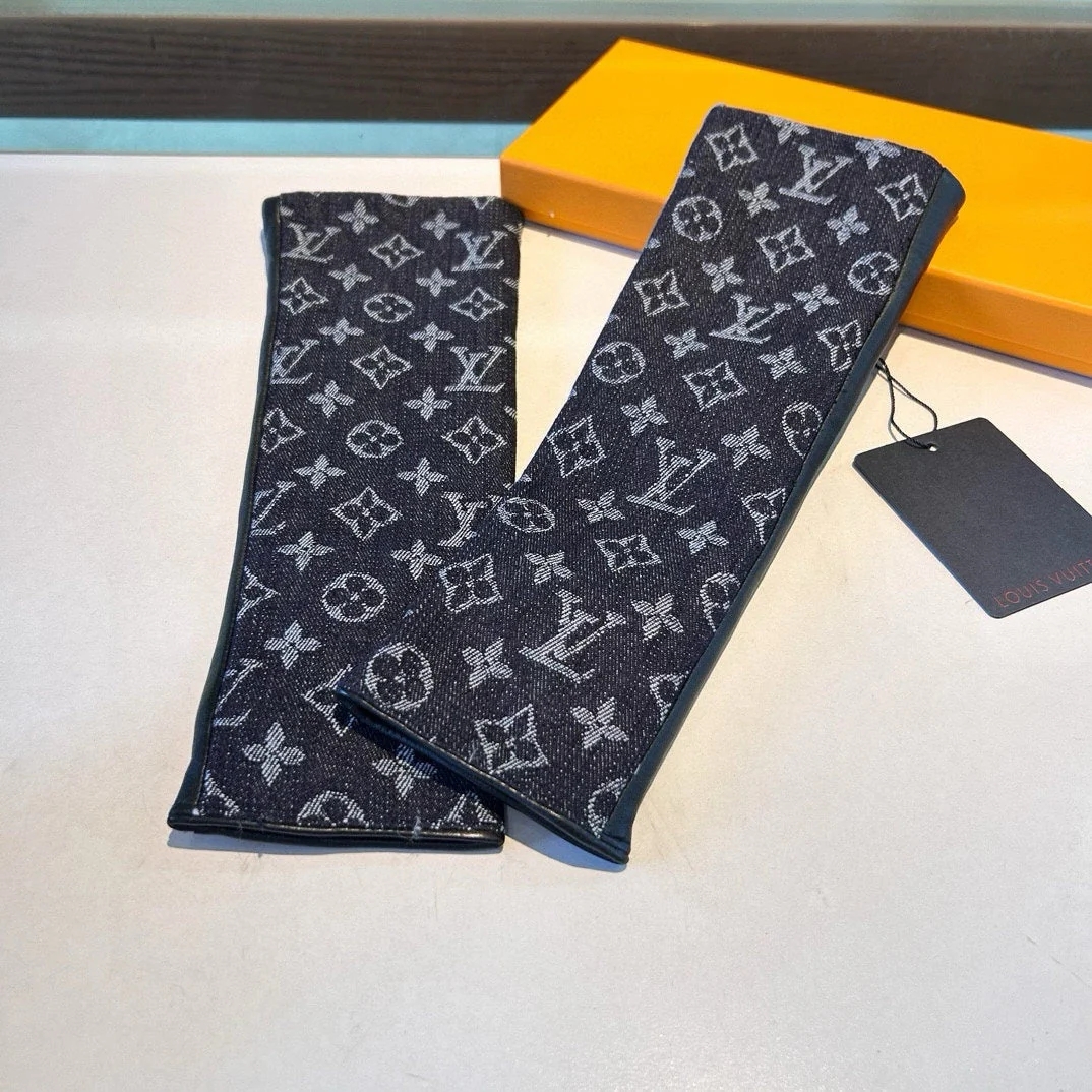 FINGERLESS LONG GLOVES IN BLACK MONOGRAM DENIM AND LAMBSKIN