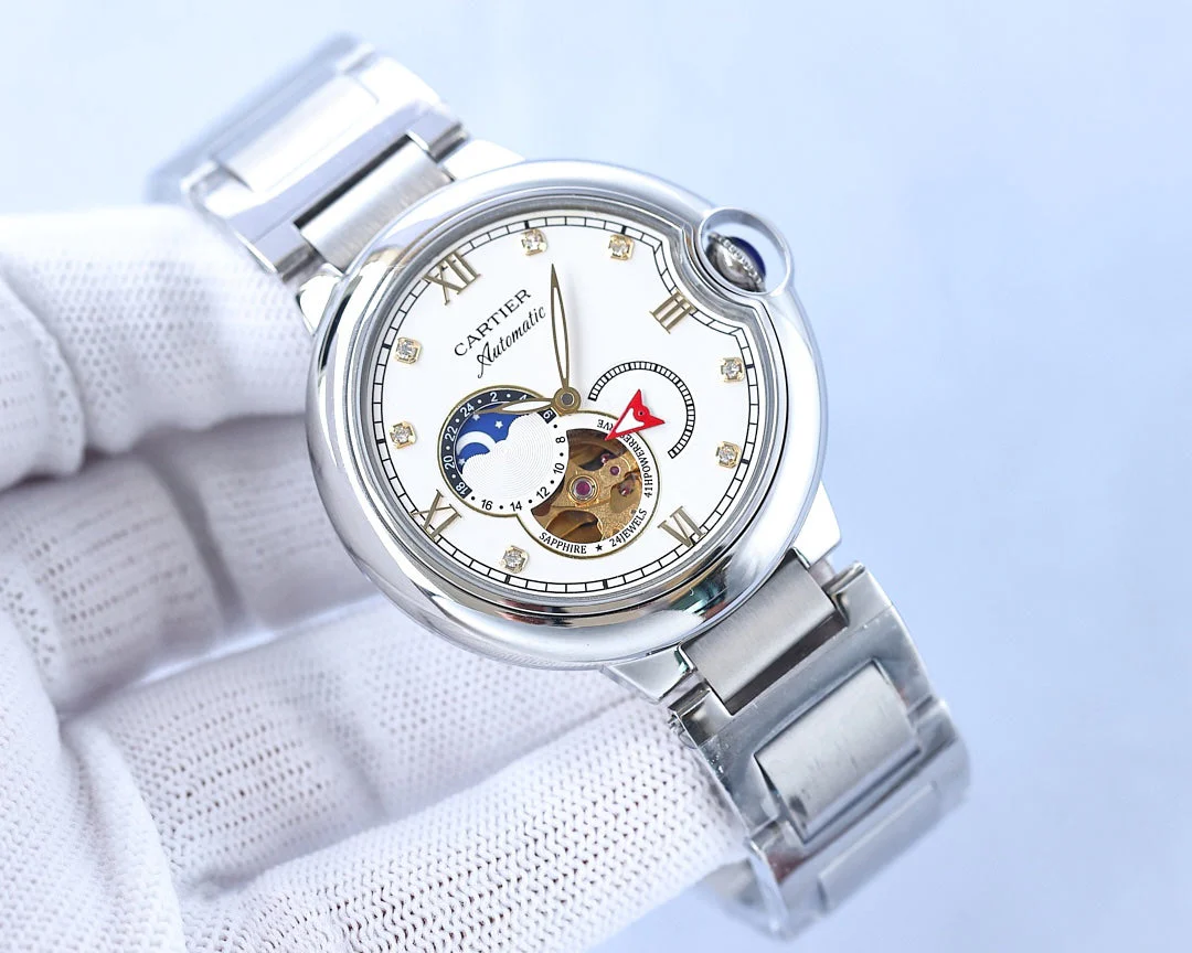 BALLON BLEU 36MM OPEN HEART PINK DIAMOND NUMERALS STEEL STRAP