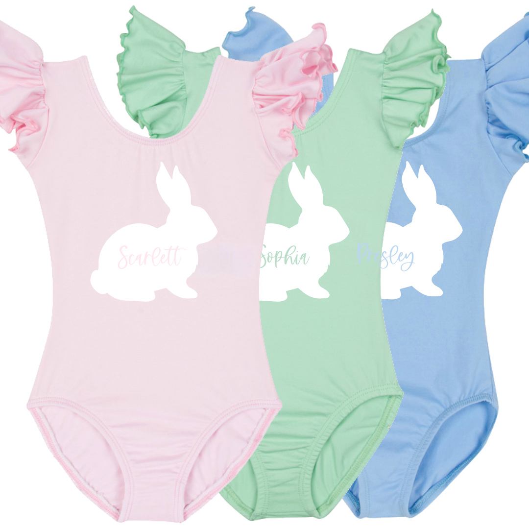 Little Cottontail Personalized Leotard with Flutter/Ruffle Short Sleeve for Toddler & Girls
