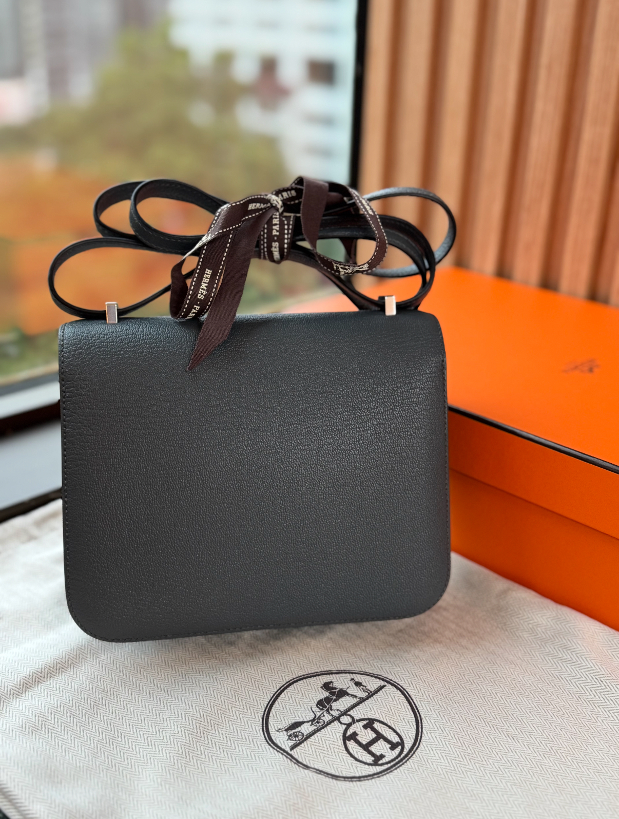 Handcrafted by masters Mini constance CK3T Carbon grey goatskin with silver buckle and K engraving