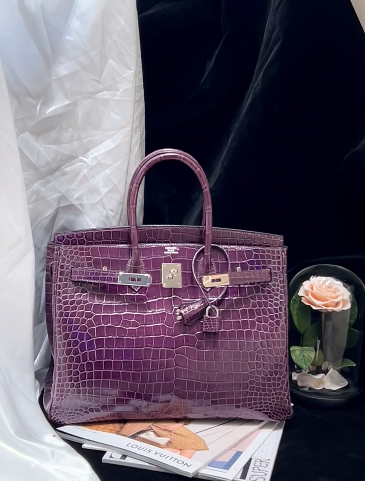 Birkin 25-35 inverted V shiny crocodile grape purple silver buckle
