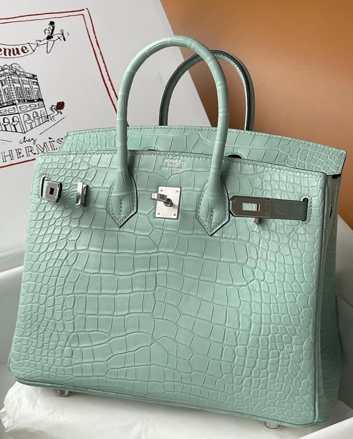 Birkin 25-30 mint green matte crocodile leather