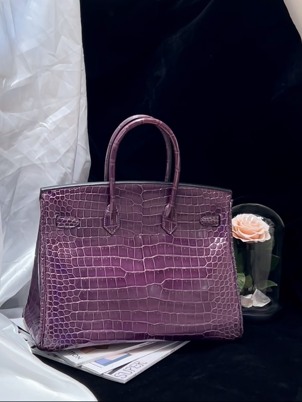 Birkin 25-35 inverted V shiny crocodile grape purple silver buckle