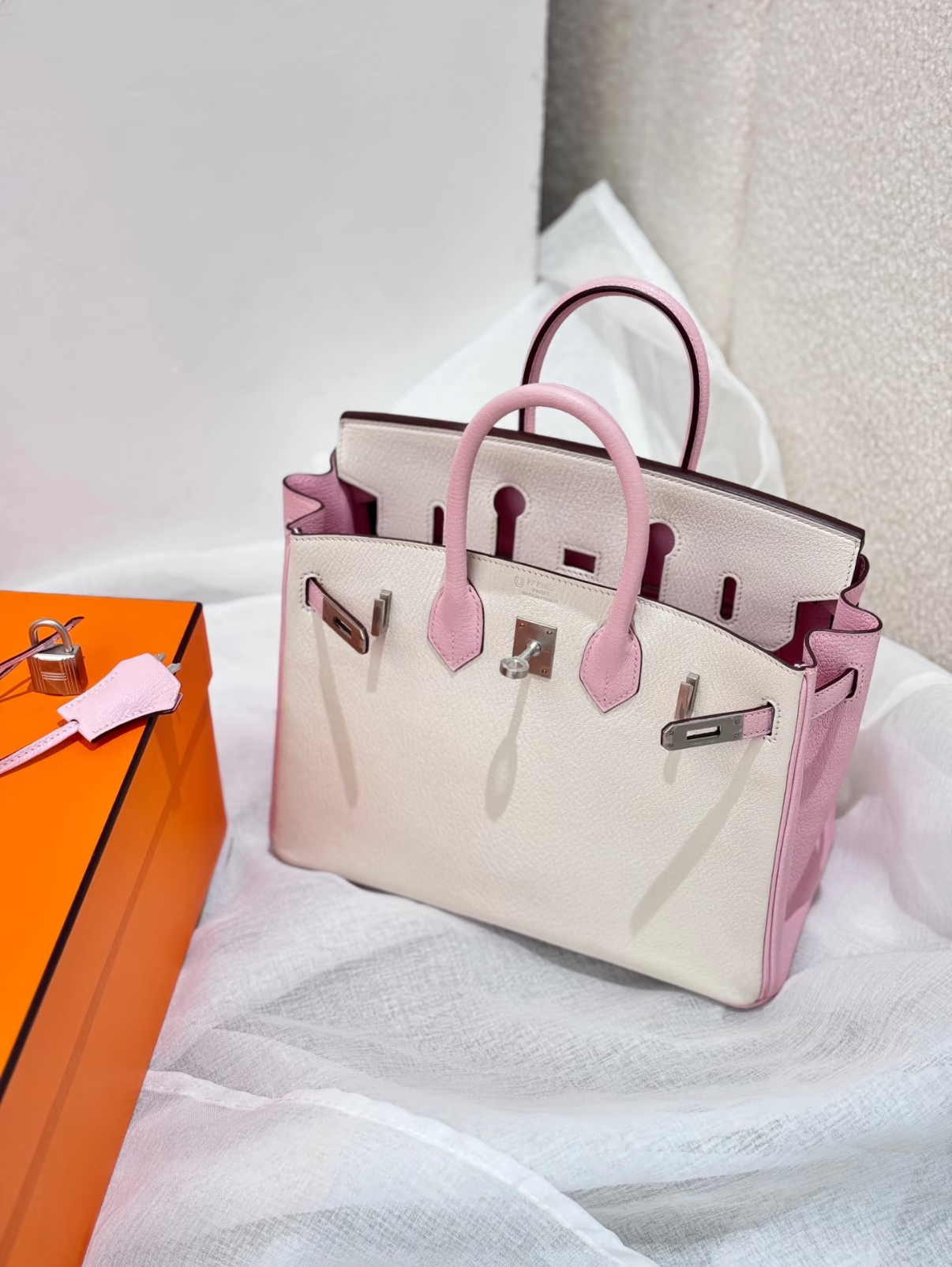 Birkin 25-30 Sakura Pink and Milkshake White Silver Buckle Goatskin