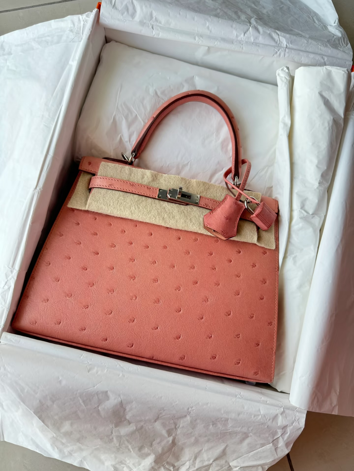 Kelly 25-28 Ceramic Pink Ostrich Leather Custom Silver buckle