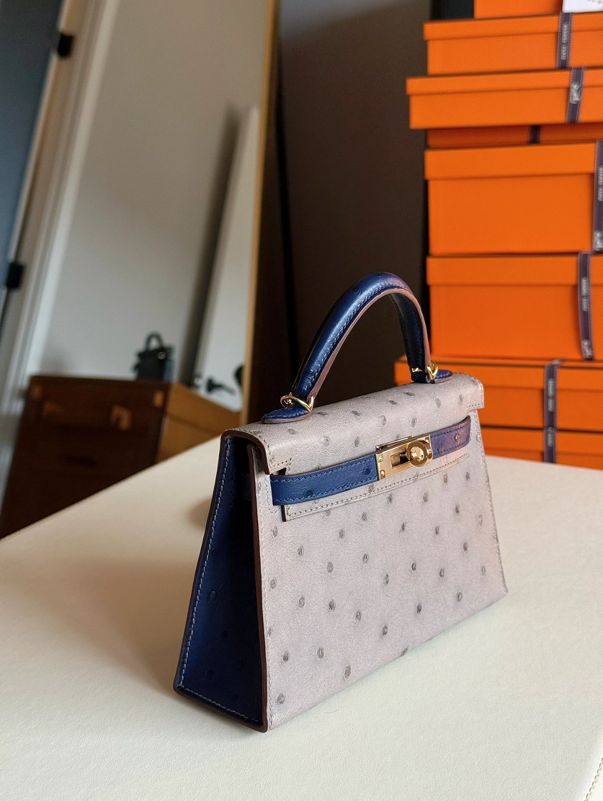 Mini Kelly 19 Dove Grey Iris Blue Ostrich Leather Customizable