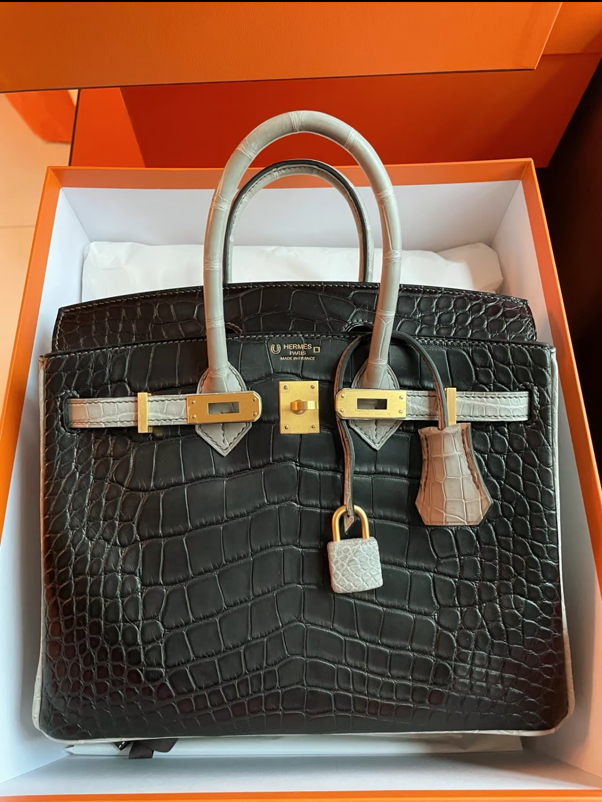 Birkin 25 black white crocodile leather Customized