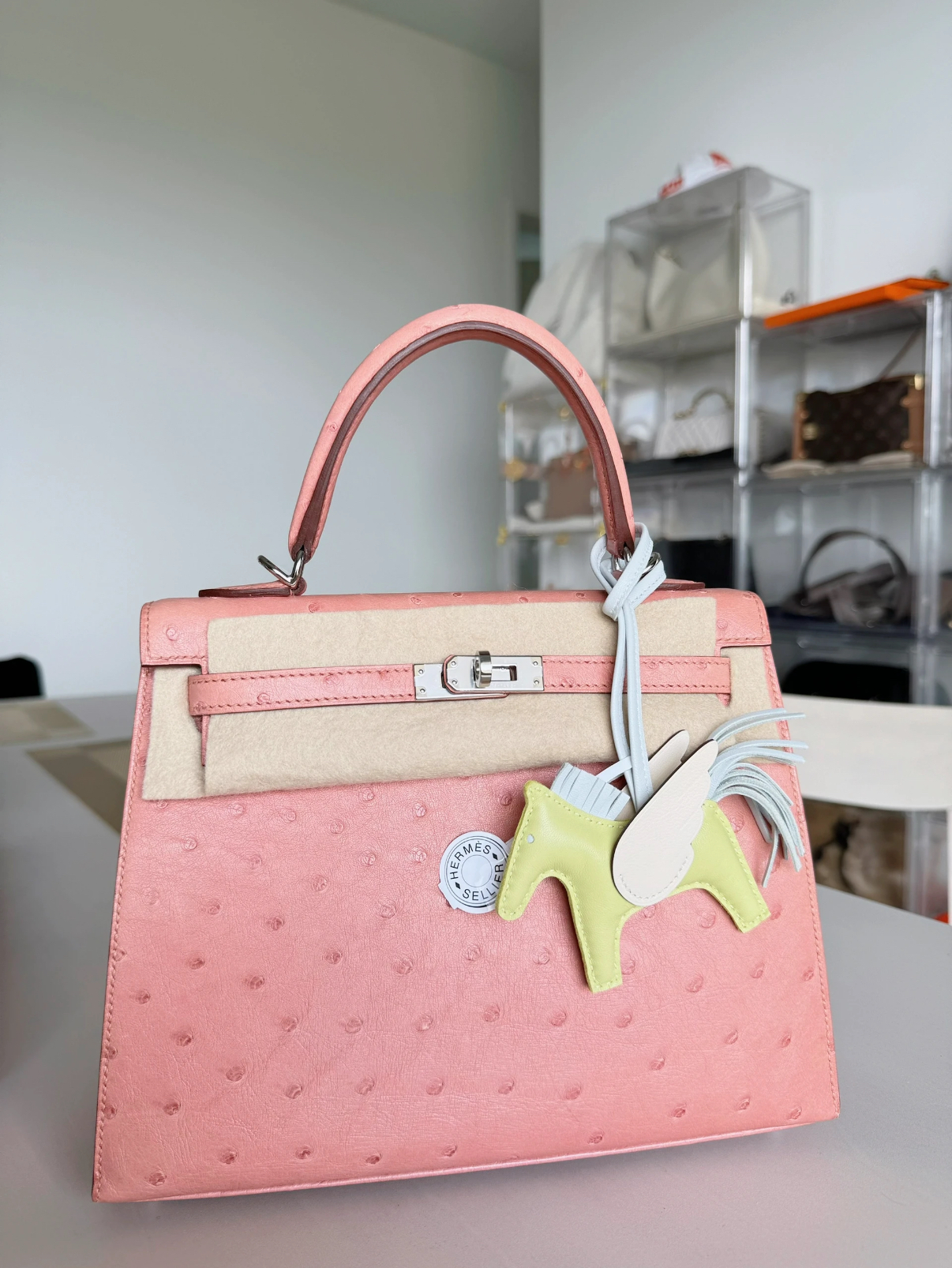 Kelly 25-28 Ceramic Pink Ostrich Leather Custom Silver buckle