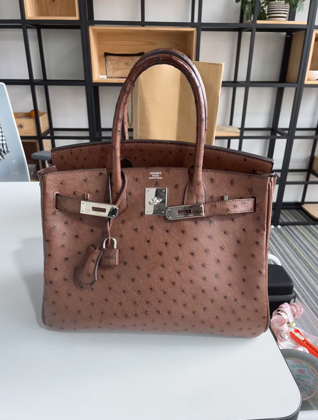 Birkin 25-35 silver chocolate color custom Ostrich leather