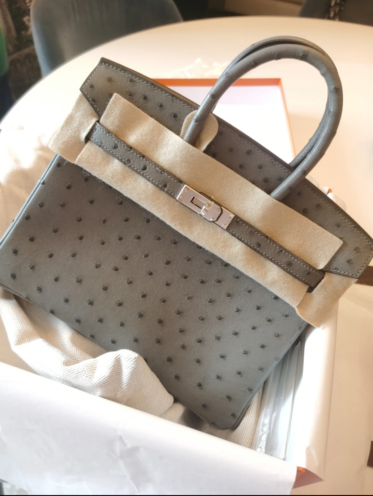 Birkin 25-35 silver Cumulonimbus clouds gray custom Ostrich leather